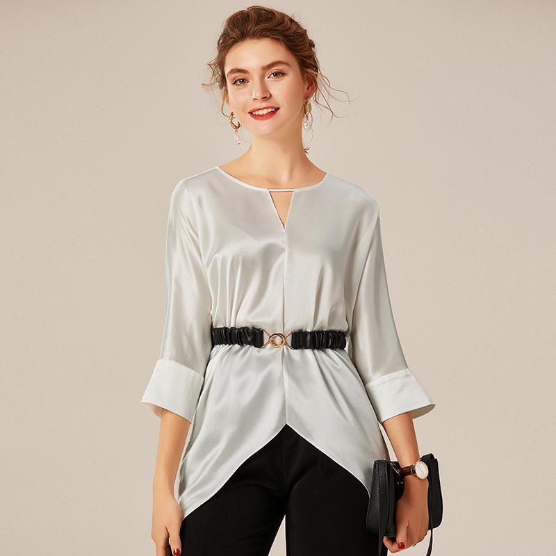 

Spring Autumn Women Acetate Blouse Tops Elegant O-neck Three Quarter Sleeve Solid Asymmetrical Fashion Office Lady Satin Shirt, White