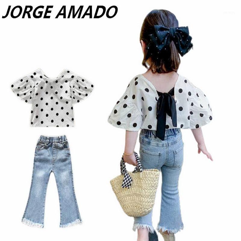

2020 Summer New Girl Sets Baby Girl Polka Dot Shirt+Denim Flare Jeans Fashion 2PCS Outfits Suit Baby Clothes E280011, White