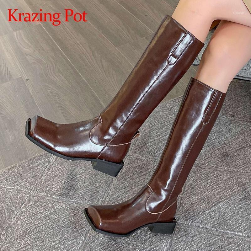 

Krazing pot genuine leather square toe med heel riding boots handsome young lady daily wear vintage basic knee-high boots L181, Black