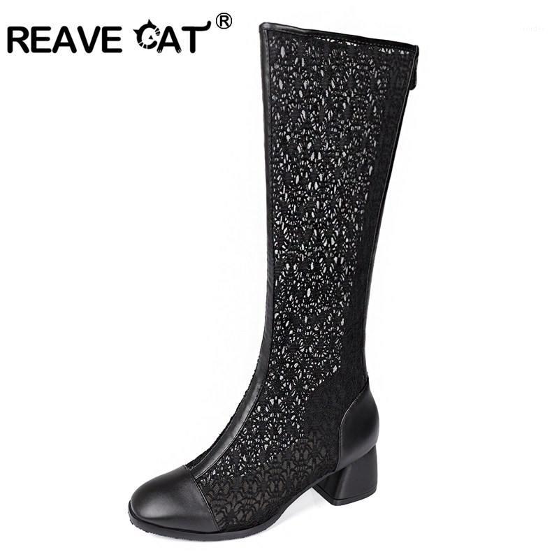 

REAVE CAT elegant summer long lace boots women female spring hollow out booties cutouts floral shoes black botas feminina A3591