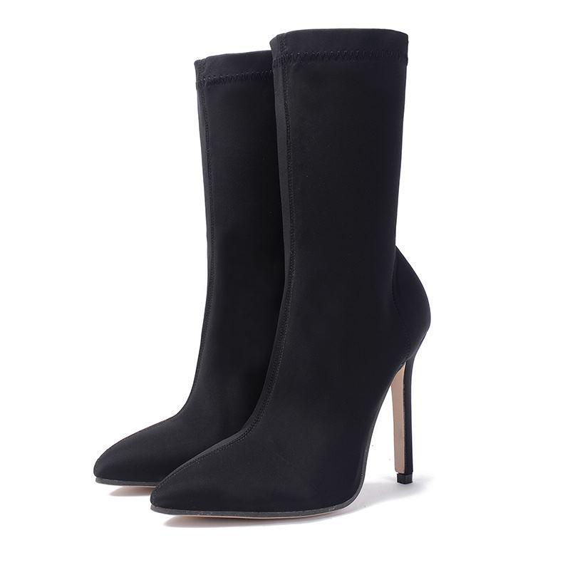 

Europe and the United States in the fall of 2020 hot style stretch boots pointed canister boots in heel, Black
