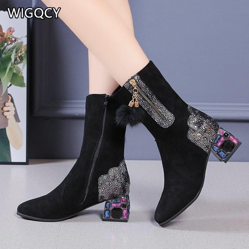 

2020 Winter New Women's Thick Heel Round Toe Elastic Boots Large Size Mid-Tube Boots Fashion High-Heeled Women, Black