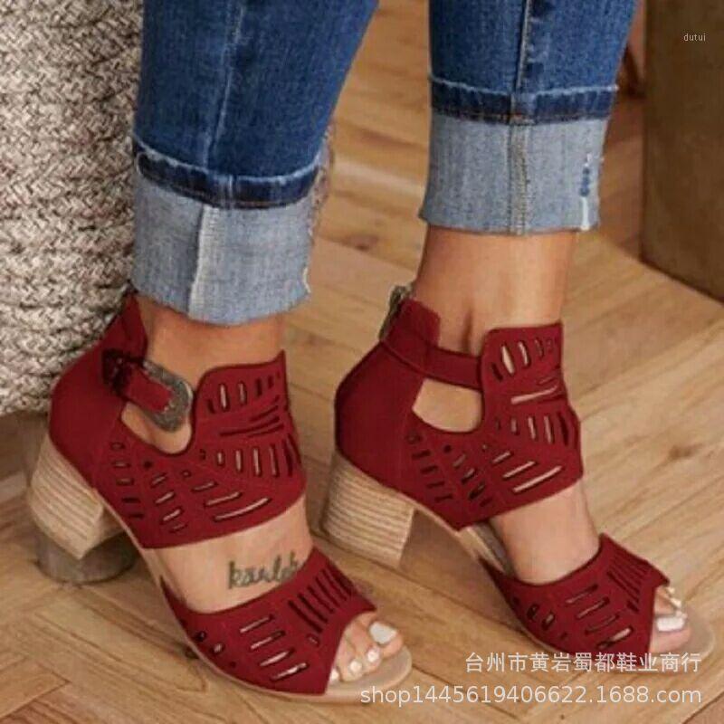 

fashion new explosion models thick heel high heel fish mouth sandals female summer new hollow buckle large size female sandals1, Burgundy