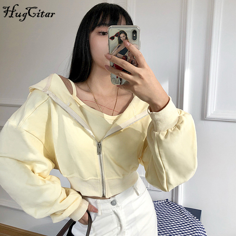 

Coat hoodie 2020 Hooded Zip-Up Sweatshirts Jacket Camis 2 Piece Autumn Winter Women Fashion Streetwear Cardigan Cropped Coat, Beige