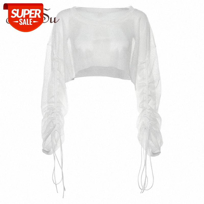 

ArtSu Mesh Top White Tshirt Long Sleeve Crop Top Sexy Transparent Oversized T shirt Women Summer Tops Streetwear ASTS21036 #Yz0V
