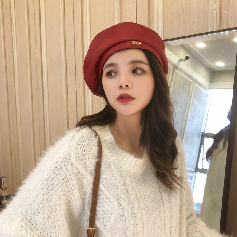 

Han printmaker hat net red same pu leather hat pumpkin women fashion autumn and winter octagonal British beret tide1, White