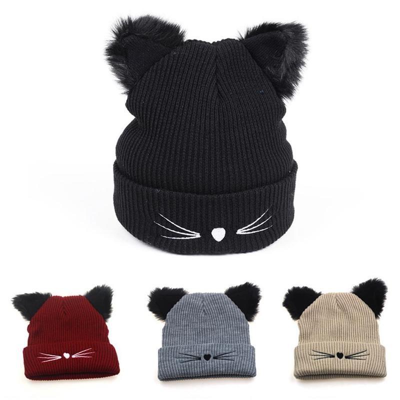 

Fashion Cute Autumn And Winter Harajuku Style Cat Ear Fur Hat Ladies Cmbroidered Knitted Warm Beanies Hat