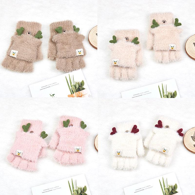 

Xmsa New Year Fur Outdoor Winter Warm Fingerless Mittens Plush Knitted Gloves Flip Half Finger Gloves Cartoon Antlers