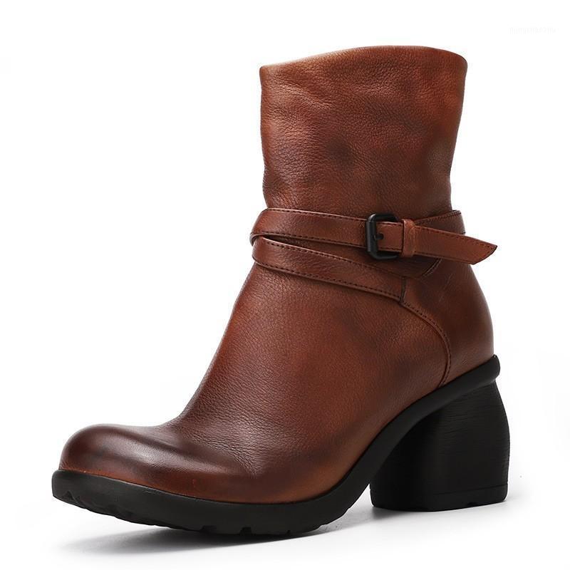 

Handmade Vintage Ankle Boots Woman Shoes Fashion Solid Round Toe Buckle Strap Zip Genuine Leather Ladies High Heel Boots 35-401, Black