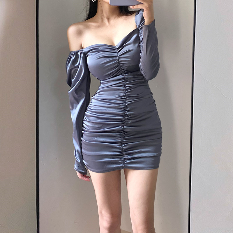 

2021 New Sexy Mini Party Women Off the Shoulder Bandage Open Square Neck Back Smooth Thin Satin Plissado Club Dress 5VKF, Blue