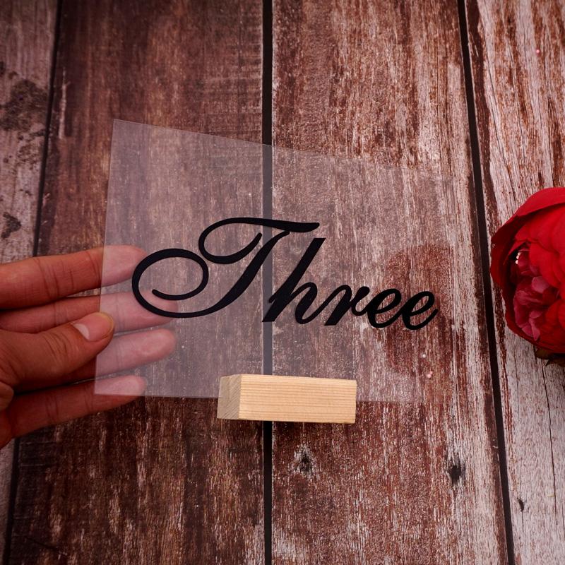 

Transparent Acrylic Board PVC Number Sticker Wedding Party Favors Table Set with Wooden Under Base Table Number Sign Decoration
