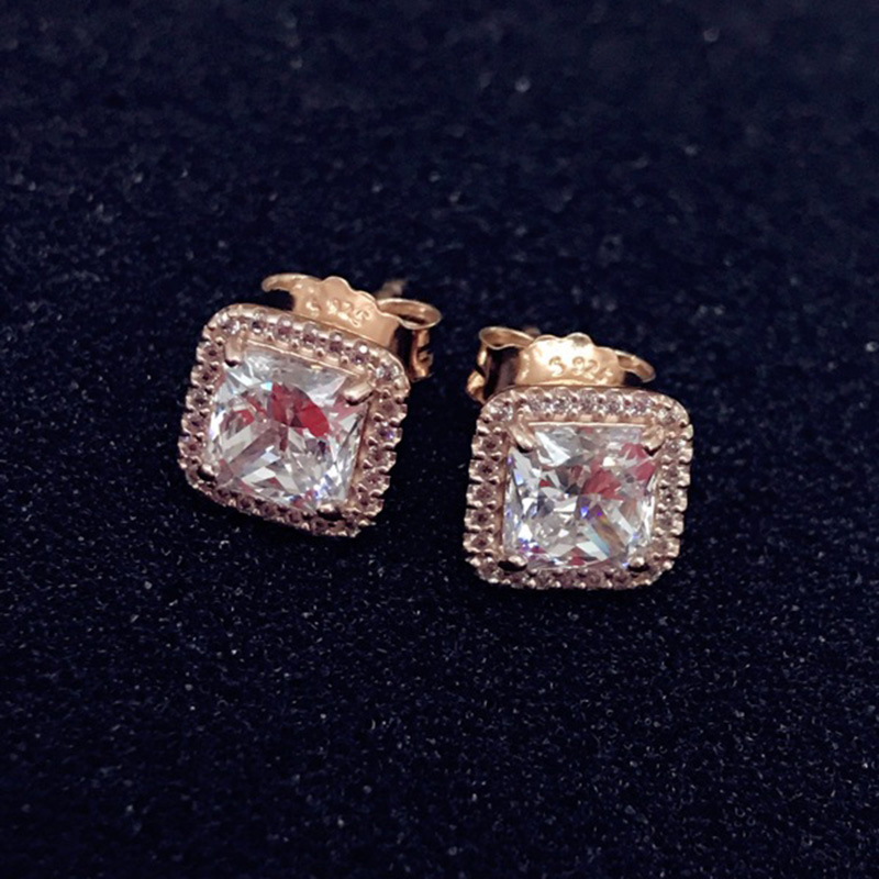

NEW 925 Sterling Silver Square Big CZ Diamond Earring Fit Pandora Jewelry Gold Rose Gold Plated Stud Earring Women Earrings Free Shipping