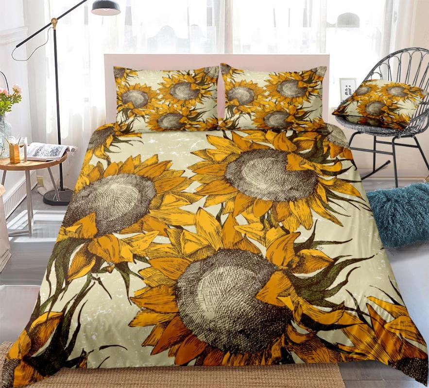 

3pcs Sunflowers Duvet Cover Set Yellow Flowers Bedding Kids Boys Girls Home Textiles Floral Bed Set Microfiber King Dropship, Multi