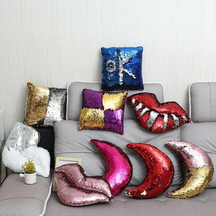 

Lips Sequins Pillow 9 Styles Mermaid DIY Home Decoration Pillow Case With Insert Colour Changing Cushion, Random colors