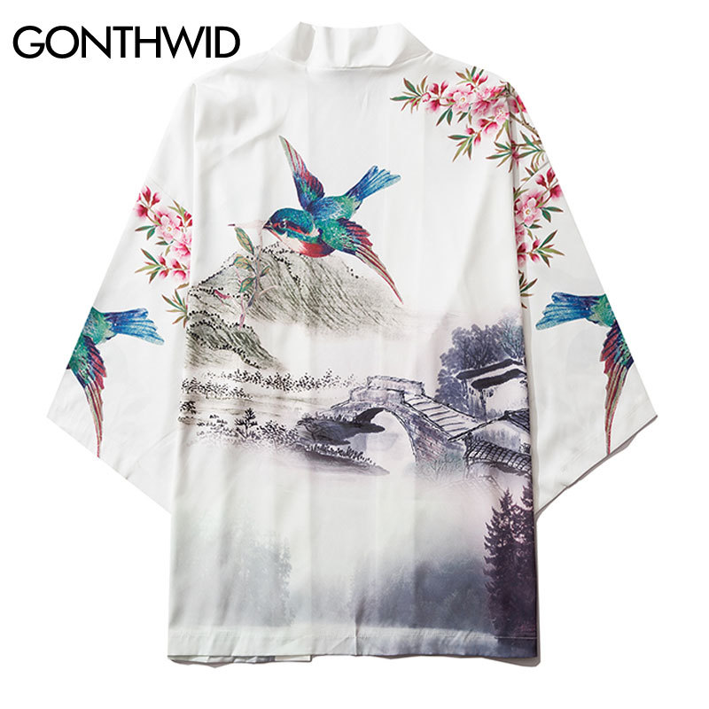 

Chinese Landscape Painting Flying Bird Print Japanese Kimono Cardigan Shirts Jackets Casual Open Front Coat Streetwear, White