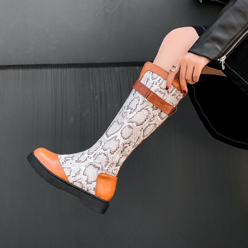 

Women knee-high boots plus size 22-26.5cm autumn and winter short plush warm long boots Patent leather snake pattern stitching, Brown-winter