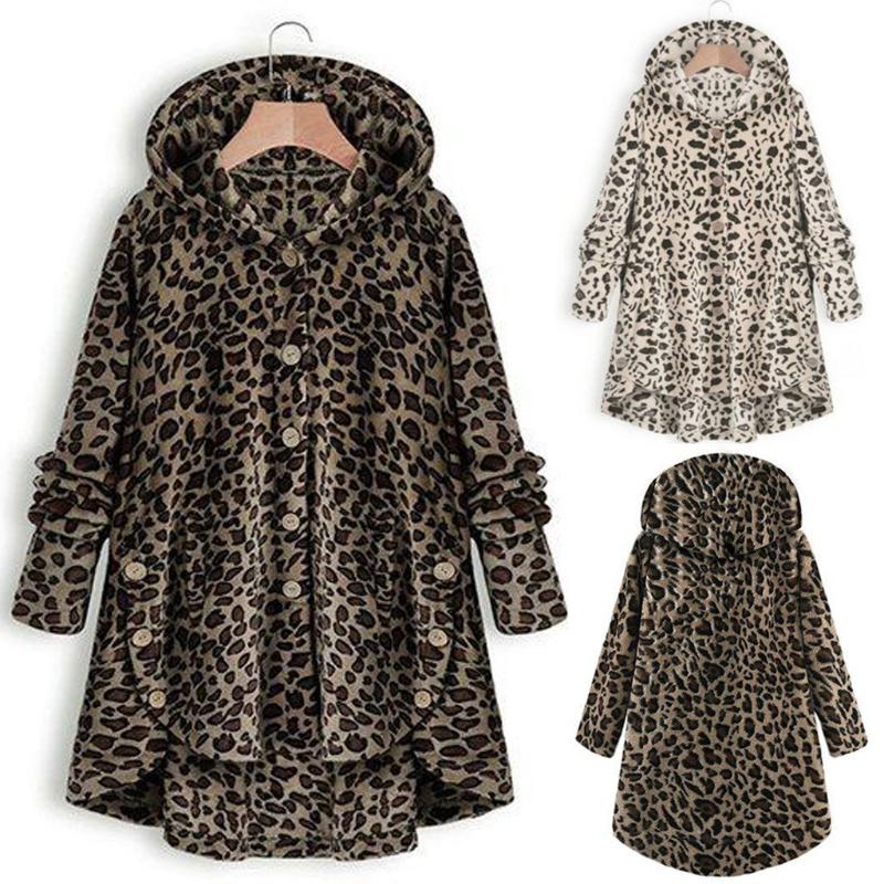 

JAYCOSIN Women' Coat New Fashion Leopard Coat Fleece Asymmetrical Hem Female Hooded Button Coats Casual Outwears Polyester, Wh