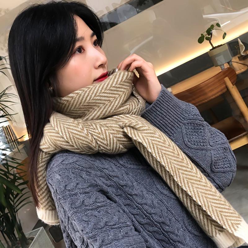 

Scarves female students in autumn and winter striped cashmere scarf knitted thick Japanese ins scarf warm