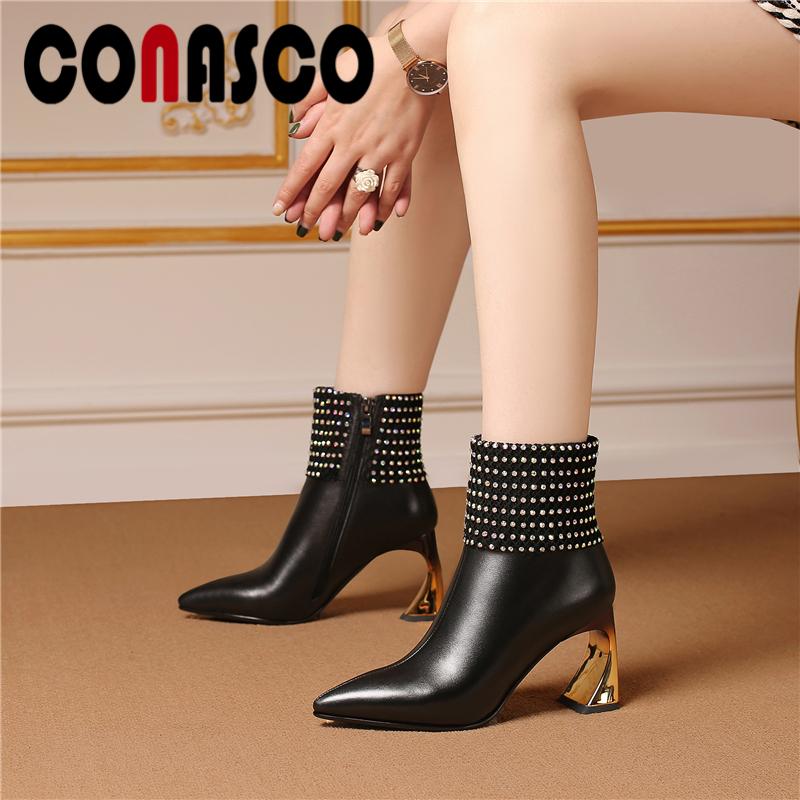

CONASCO Concise Elegant Pointed Toe Ankle Boots Women Genuine Leather High Heels Shoes Woman New Rhinestone Zipper Office Boots, Blackr
