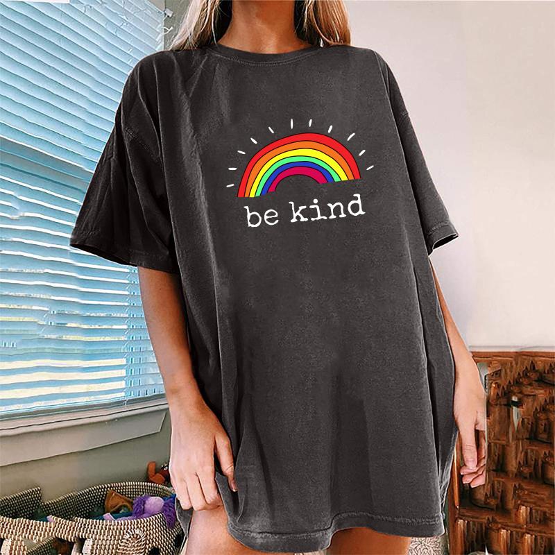 

Women' T-Shirt Plus Size Rainbow Be Kind Funny T Shirt Women Drop Shoulder Loose Tee Femme Half Sleeve Long Tops Clothes For Ladies, Army green