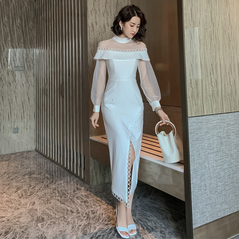 

2021 New Dressed knitted or crocheted sleeves ladies in form white dresses for the night club 5FR6