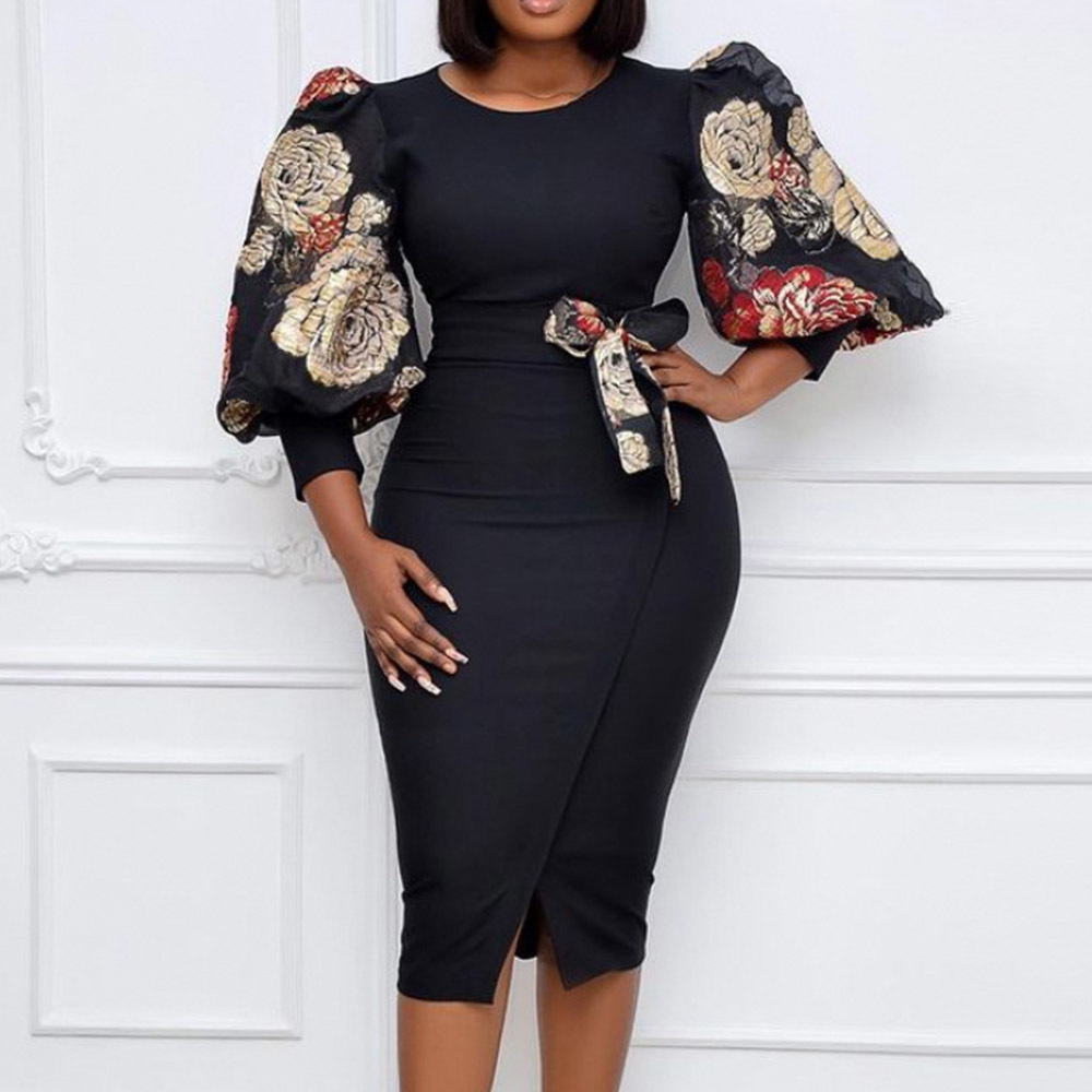 

2021 Ladies of Office Dressed Pencil Elegant Dress in Fashion Popular Winter Selling Warm Print Around the Neck P9mf, Black
