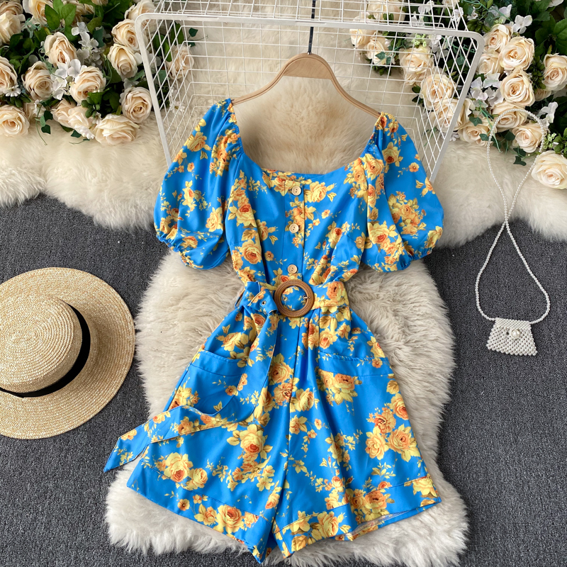 

2021 New Singiny feminine retro printing overalls chic neck puff pantsuit lanes summer elegant beach vacation BDGQ, Black
