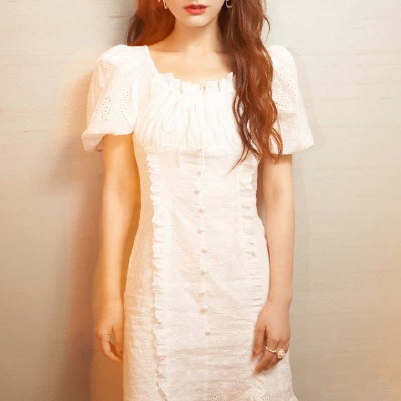 

2021 New Sweet Summer Sexy Hollow Out Beach Boho Dress Solid White Short Sleeve Casual Mini Vintage Dresses Zers