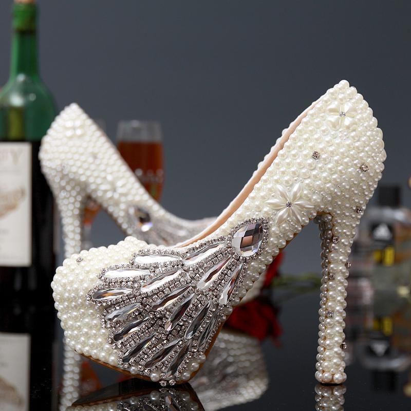 

Gorgeous Crystal Diamond Lady Shoe for Wedding Party Ball Prom Pageant Event Pearls Beaded High - Heeled Bridesmaid Bridal Shoes, White 8cm heels