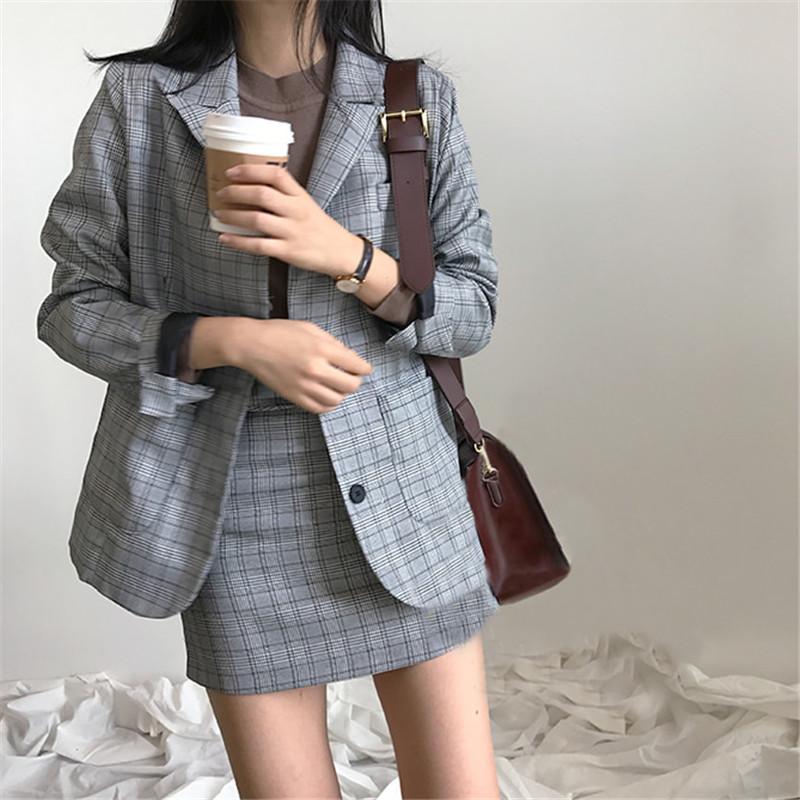 

korea chic blazer coat plaid mini skirt suit women jacket suit office lady jacket high waist skirt 2 piece set women N899, Picture color1
