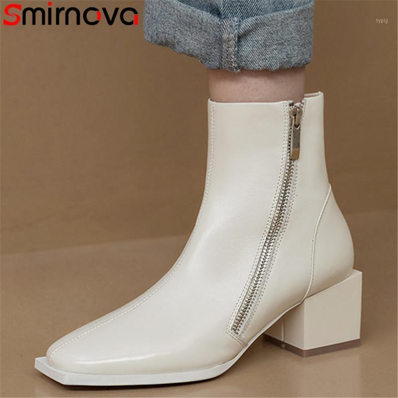 

Smirnova 2020 new arrive basic ankle boots women round toe genuine leather thick heel casual shoes fashion boots woman1, Beige