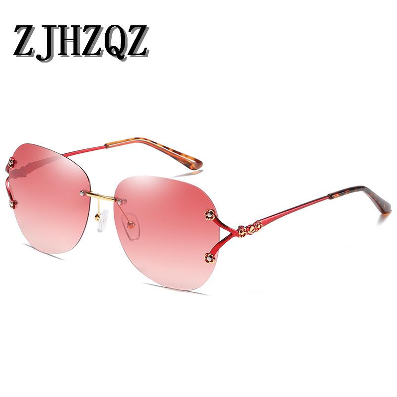 

ZJHZQZ Retro Womens Ladies Polarized Sunglasses Rimless Sun Glasses Fashion Gradient Mirrors Flower Shades Red Purple Lens