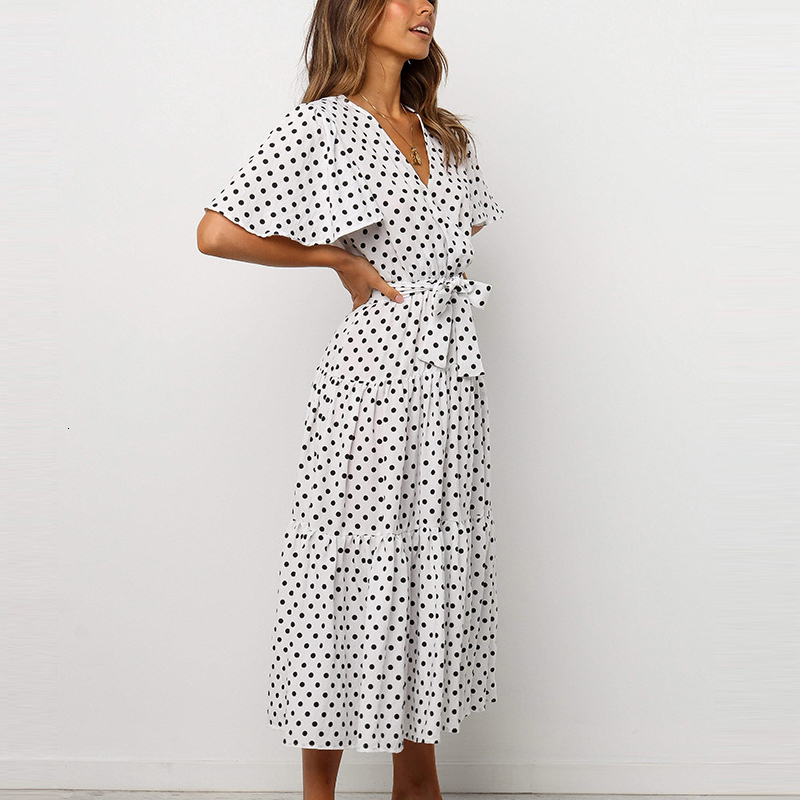 

2021 New Polka Dot Print Es Women Short Sleeve Casual Summer Beach High Waist Ladies v Neck a Line Lace Up Party Vestidos Iy67, Black