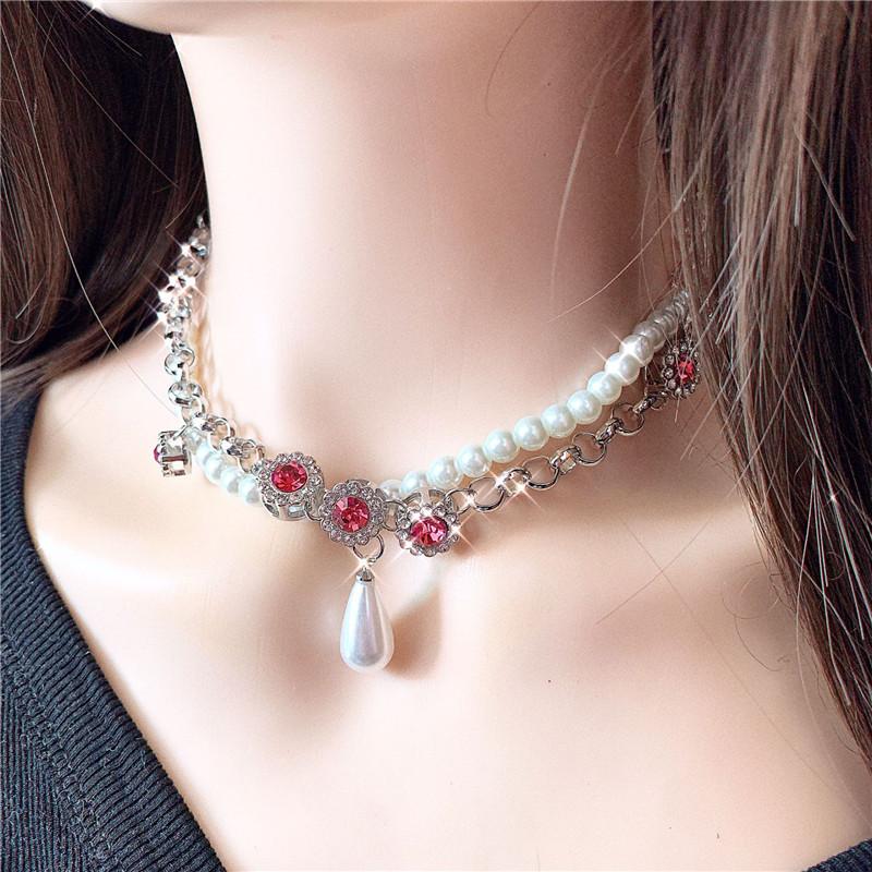 

2-strand Faux Pearl Choker with Red Crystal Stone Wedding Bridesmaid Jewelry Rhinestone Beaded Necklace Ivory Pearl Choker JS73