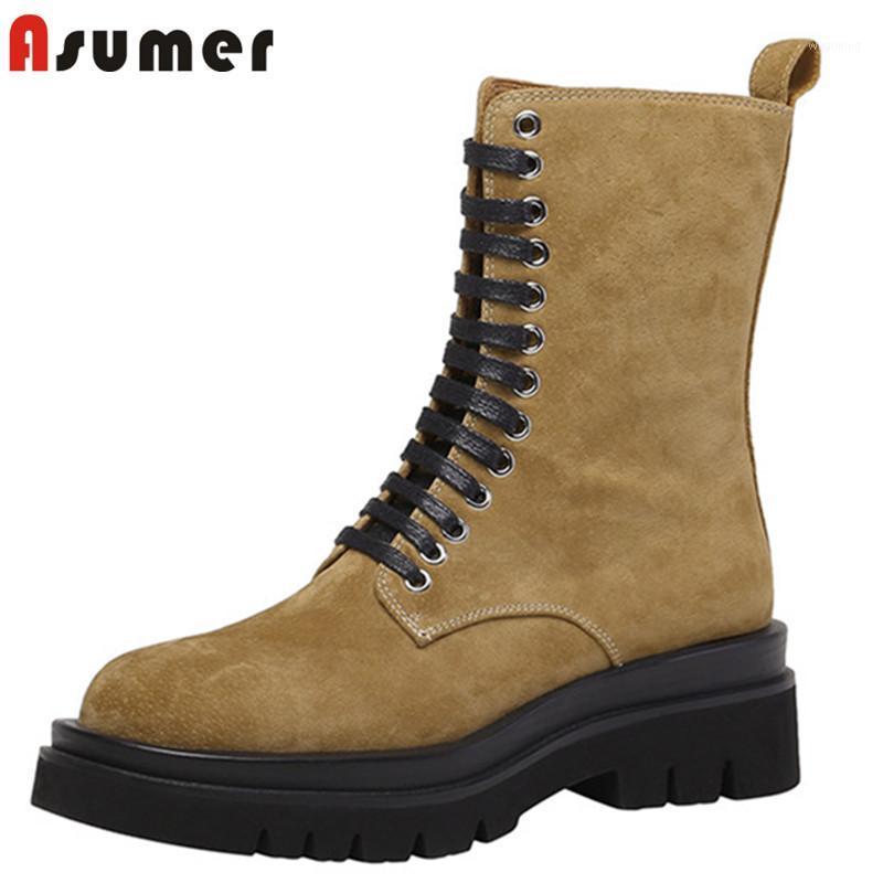

ASUMER 2020 new arrive flat platform shoes women ankle boots top quality genuine leather cool fashion Motorcycle boots woman1, Black