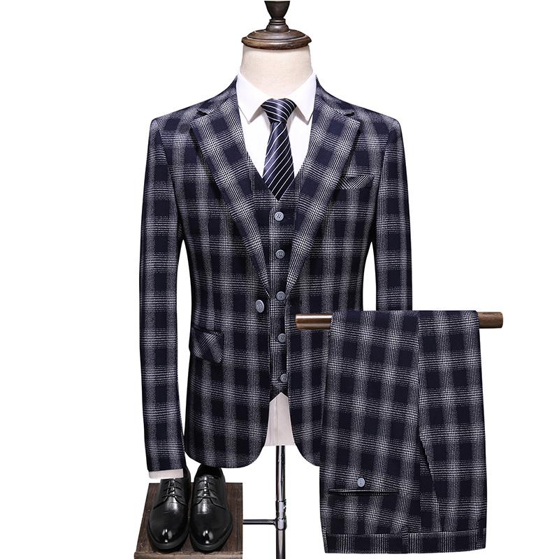 

Blue suit men' fashion slim plaid suit men' 3-piece groom wedding high-quality business formal pants