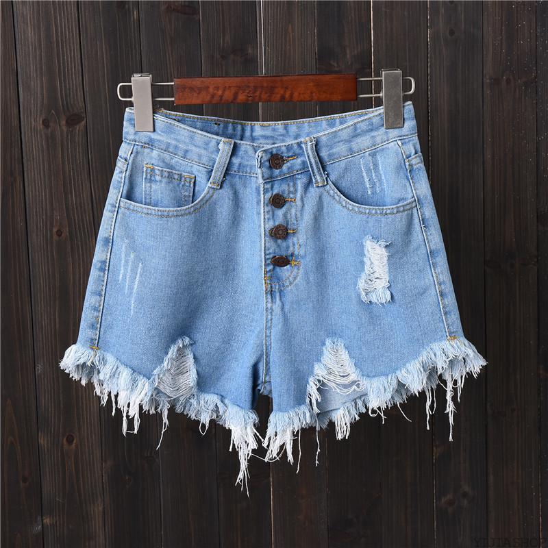 

New Plus size retro ripped tassel color denim shorts women casual Korean style jeans shorts summer girls hot, Gray