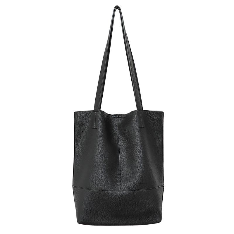 

Retro tote bag simple soft leather one shoulder women's bag versatile large capacity handbag, Black