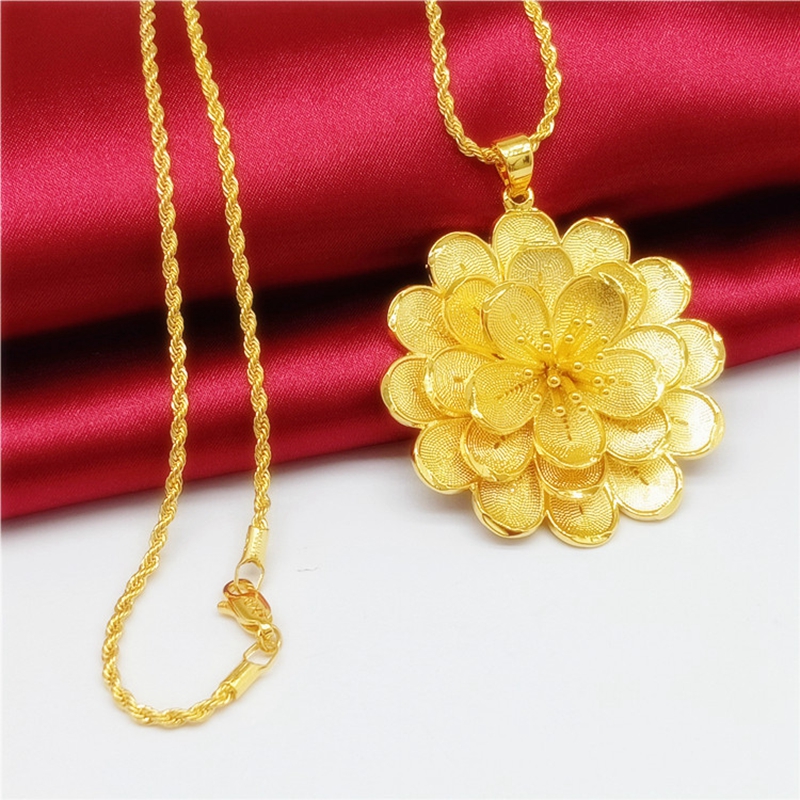 Big Flower Pendant Chain 18k Yellow Gold Filled Wedding Womens Vintage Bridal Pendant Necklace Beautiful Large Jewelry-image-708869293