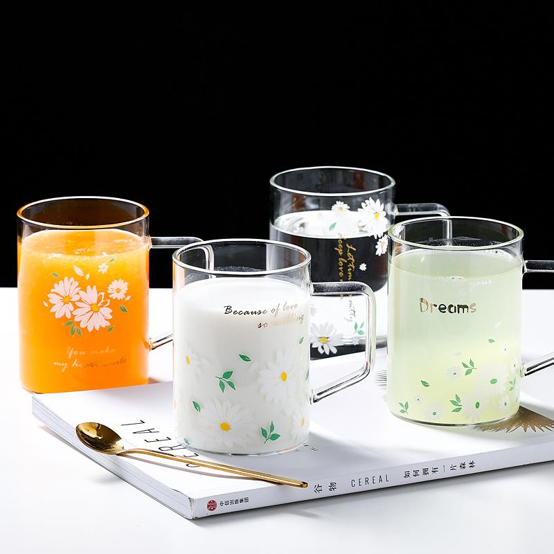 

Creative Daisy Glass Mug Heat-resistant Breakfast Cup Milk Juice Water Coffee Cup Handle Travel Mug Home Office Drinkware 450ml