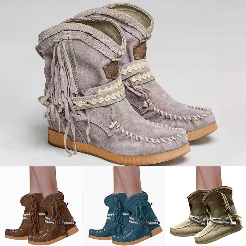 

Rome Style Women Ethnic Ankle Boots Winter Suede Tassel Short Boot Flat Fringe Pleated Shoes TY66, Yellow