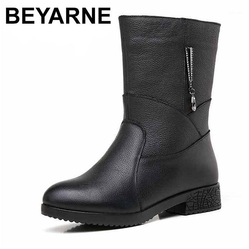 

BEYARNE New Arrival Women Ladies Female Mother Genuine Leather Shoes Mid-Calf Boots Warm Plush Fur Winter Zip 35-421, Short plush lining
