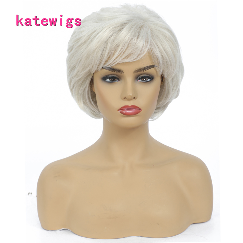 

Short Blode Ombre White Color With Bang Curly Wig For Older Grandma Synthetic Natural Hair Products Beauty