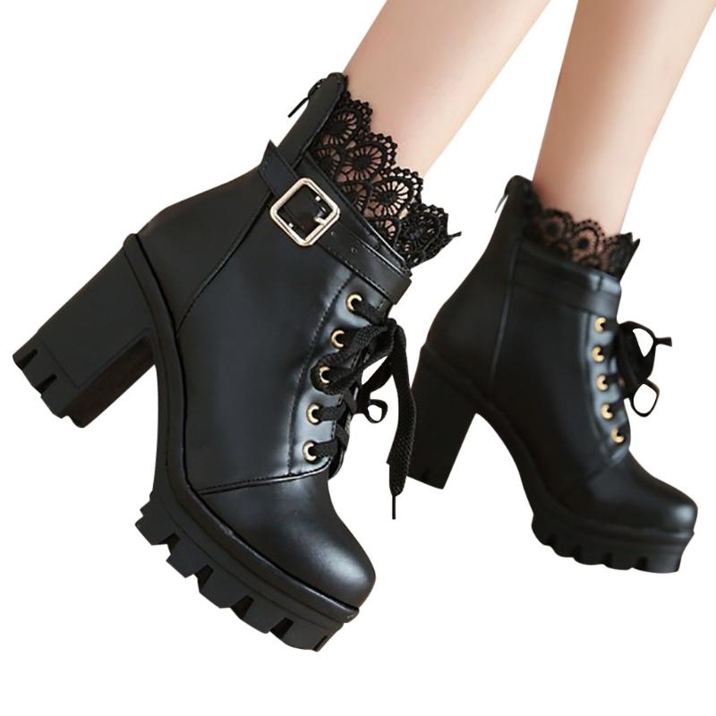 

Boots Women Winter Shoes Woman High Heel Lace Up Ankle Boots Buckle Platform Artificial Leather Women Shoes zapatos de mujer, Black
