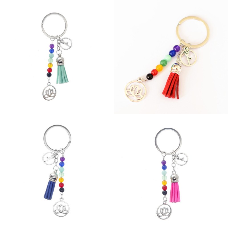 

Lotus Tassel Key Chains Ring 7 Chakra Reiki Healing Yoga Natural Stone Beads Flower Pendant Keychain Accessories Gift Charm Keyrings 621 K2