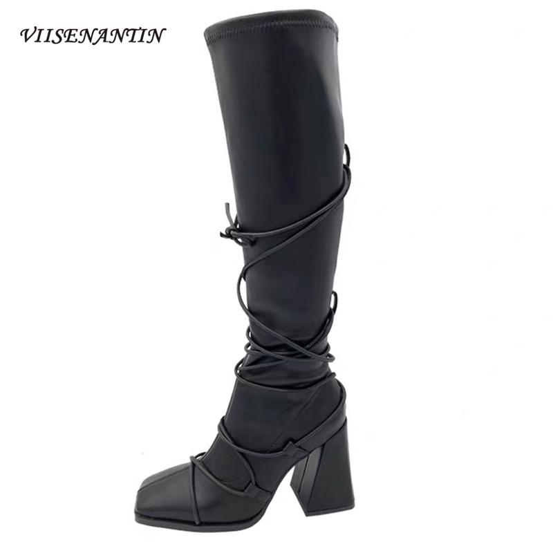 

Knee-High Square Toe Thick Super High Heel Autumn Winter Boots Women Narrow Band Strappy Shoes Women Fashion Zapatos De Mujer, Black