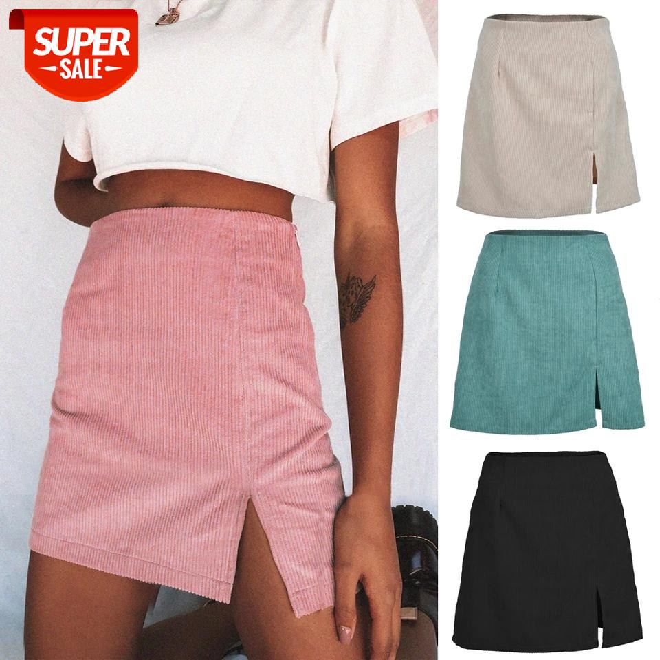 

Women Ladies Stylish Solid Color Split Hem Mini Skirt Sweet Wild Fashion High Waist Casual Elegant A-Line Corduroy Skirt #QY2D, White;black