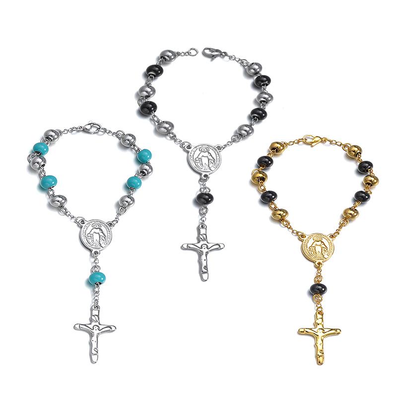 

Bangle 8mm Stainless Steel Jesus Cross Link Chains Bracelet Gold Silver Color Strand Beads For Women Men Religious Jewelry
