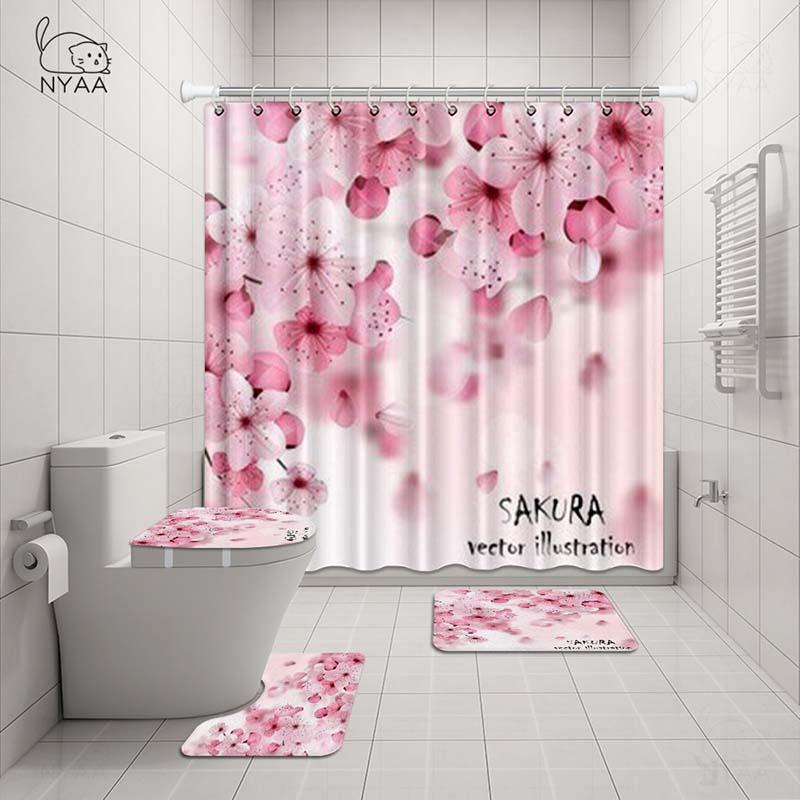 

Romantic Pink Floral Bathroom Set Fuji Cherry Sakura Flowers Blossoms Waterproof Shower Curtain Toilet Cover Mat Non Slip Rug1