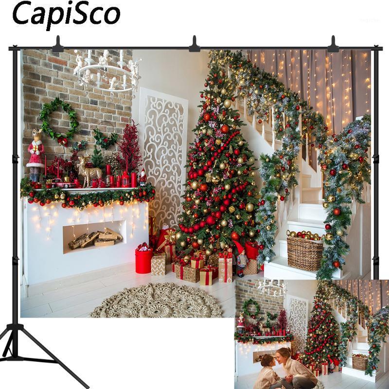 

Capisco Photography Backdrops Christmas Tree Stairs Wooden Floor fireplace Portrait vinyl Photographic Backgrounds Photo Studio1